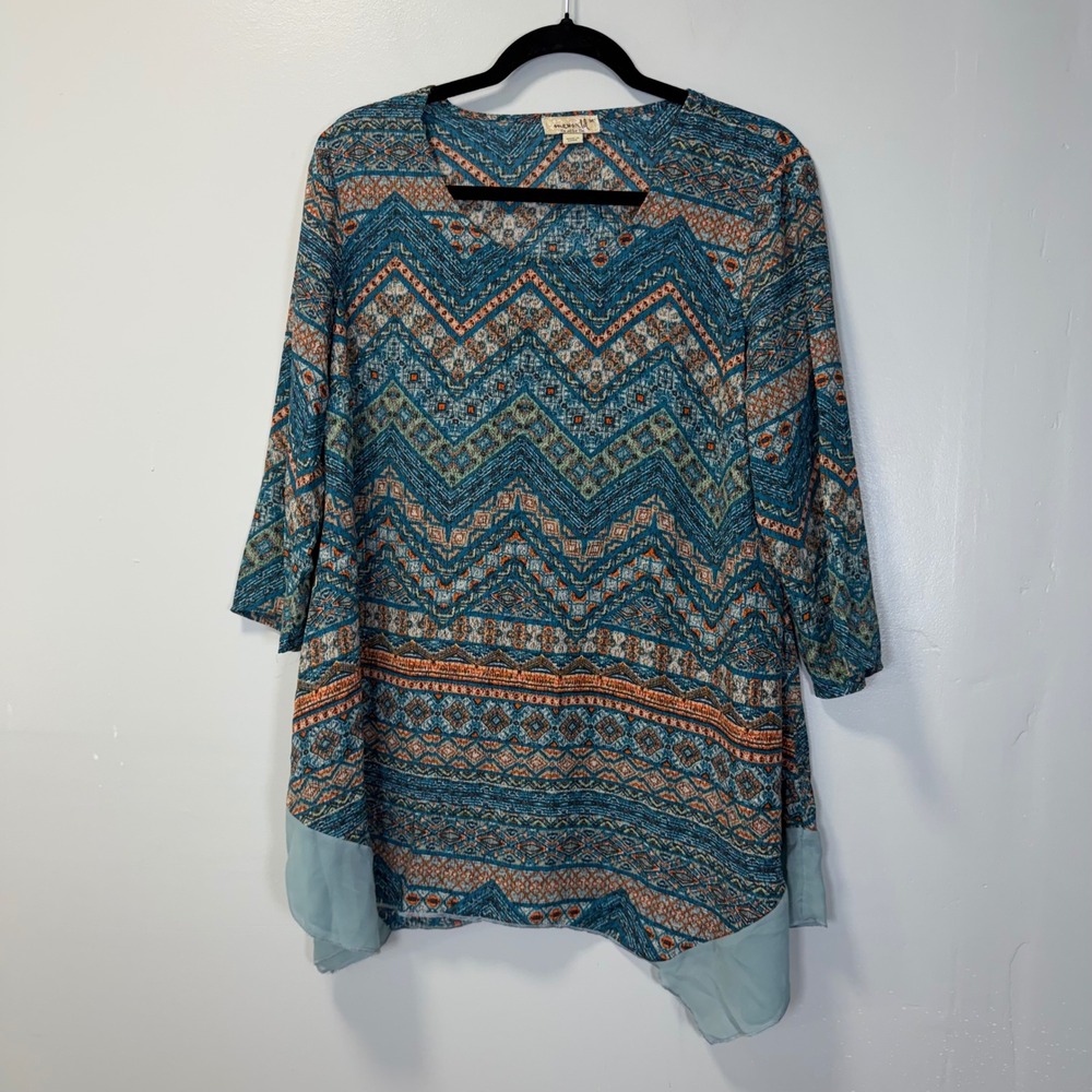 One World Women Blue Orange Geometric Tribal Print Sharkbite Tunic‎ Top Medium